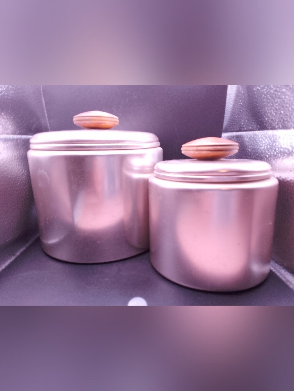 Two Mirro Copper Colored Metal And Wood Vintage Canisters